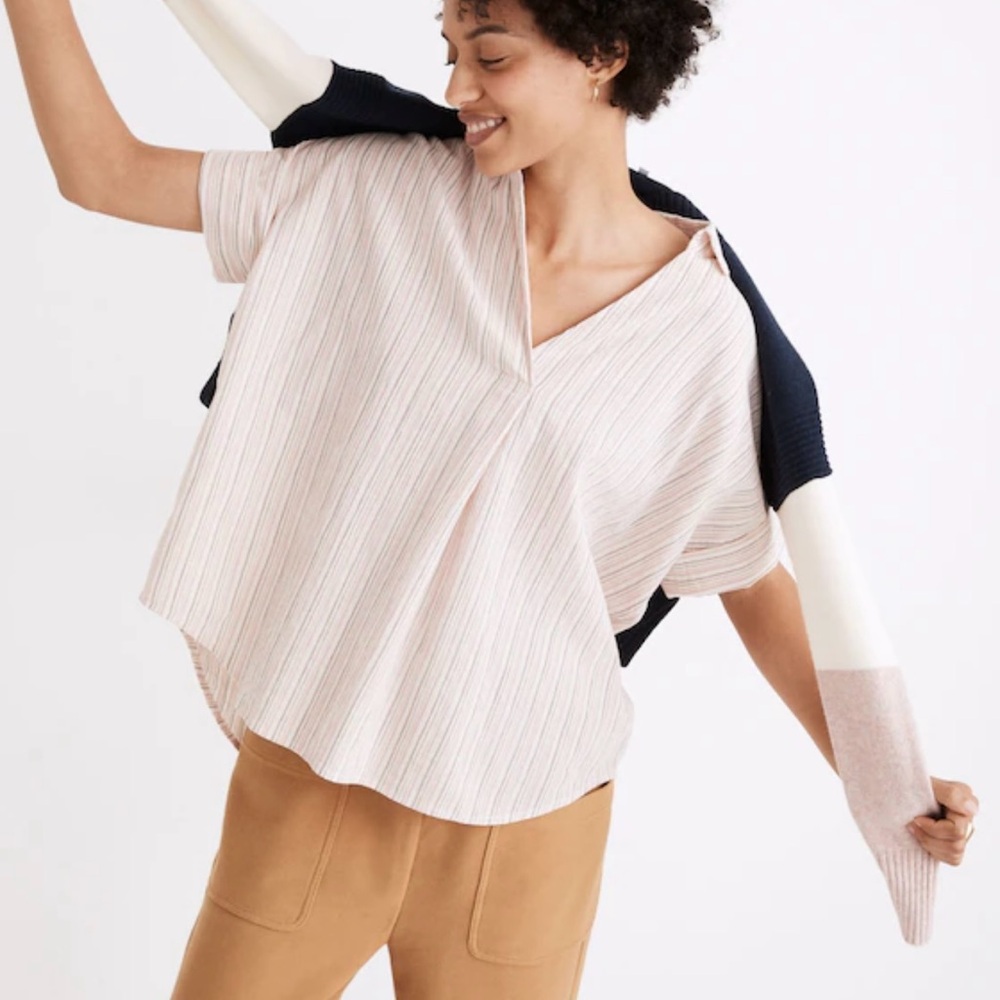 Madewell Courier Button Back Stripe Blouse Preppy Coastal Vacation Beach Summer